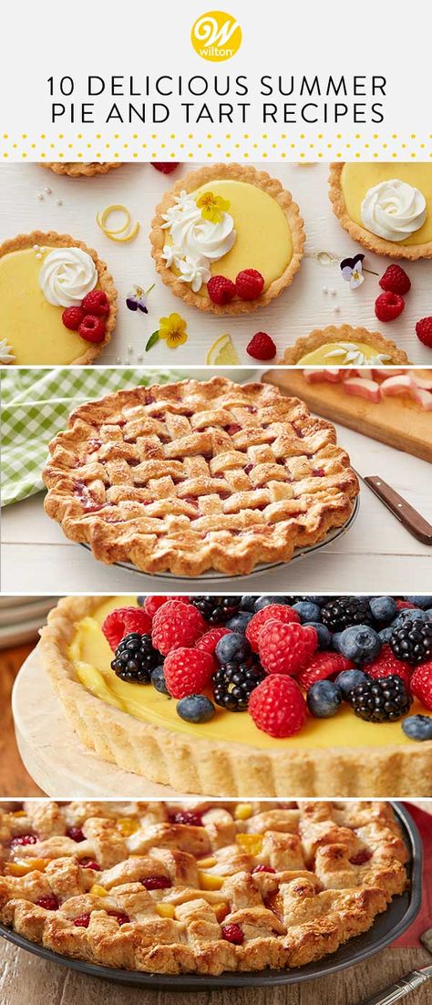 Bring fresh fruit to the forefront with these delicious pies and tarts! These summer pie and tart recipes feature bountiful berries, tropical citrus and creamy custards. Celebrate summer with these mouth-watering tarts and pies – including bite-size treats and slab pies for a crowd. They’re perfect for picnics, brunches and all kinds of warm weather gatherings #wiltoncakes #blog #blogger #tarts #pies #homemade #baking #summer #fruits #easy #simple #basic #beginner #favorite #classic #dessertidea Portuguese Tart, Fresh Fruit Pie, Mini Lemon Tarts, Summer Pie Recipes, Baking Summer, Summer Pies, Easy Tart Recipes, Slab Pies, Pie And Tart