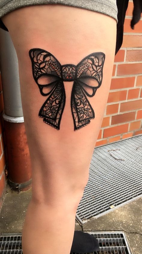 Lace Butterfly Tattoo, Bow Tie Tattoo, Lace Bow Tattoos, Back Of Leg Tattoos, Tattoo Lace, Bow Tattoo Designs, Lucky Tattoo, Lace Tattoo Design, Lily Flower Tattoos