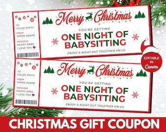 Free Babysitting Coupon, Babysitting Coupon, Christmas Gift Certificate Template, Christmas Gift Certificate, Christmas Coupons, Text Edit, Baby Sitting, Edit Font, Coupon Template