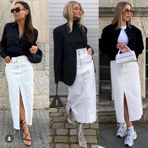 White Skirt Sneakers Outfit, White Denim Skirt Outfit Winter, Denim White Skirt Outfit, White Denim Midi Skirt Outfit, Long White Denim Skirt Outfit, Long White Denim Skirt, White Jean Skirt Outfit, White Denim Skirt Outfit, Denim Skirt Outfit Winter