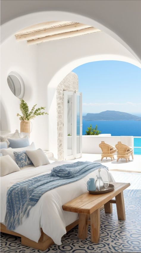 With less than 30 days left in Summer, we've dreamed up this beautiful Greek Villa.

Comment 🇬🇷 if you'd stay here!

#ari #amyrebekahinteriors #summer #greece #summervibes #summerhouse #greekhouse #greeksummer #summeringreece #summerinspiration #ai #aipicture #interiordesign #dreamhouse #vacation #summertime #blue #whiteinteriors #wood #pooltime #ocean Santorini Villa Interior, Greek Styled Bedroom, Mykonos Decor Interiors, Greece Room Ideas, Summer Beach House Interior, Greek Style Room Bedrooms, Greece Houses Interior, Bedroom Greek Style, Santorini Style Bedroom