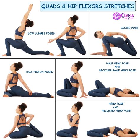 QUADS AND HIP FLEXORS STRETCHES Yoga Hip Stretches, Ankle Rehab Exercises, Hip Flexor Exercises, Hip Opening Yoga, Hip Flexibility, Yoga Routine For Beginners, Yoga Images, Quad Stretch, Strength Yoga