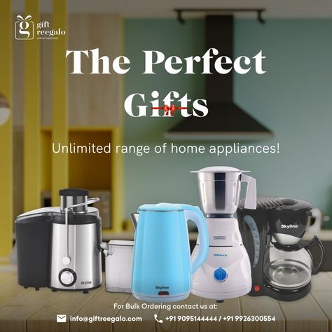 Who wouldn't appreciate kitchen home appliances as a gift? And gifts coming from brands like Pigeon/Usha/Skyline are no less than a fortune knocking on the door! So, this season, 'Gift Modern Minds a Modern Kitchen Appliance!' Delivering In Bulk With Amazing Deals. Inquire Now For Bulk Ordering: info@giftreegalo.com or call us at +91 9095144444 / +91 9926300554 #giftreegalo #gifts #giftideas #giftshop #giftset Giftset Photoshoot, Home Appliances Creative Ads, Home Appliances Advertising, Home Appliances Sale, Modern Kitchen Appliances, Creative Banners, Electronic Appliances, Smart Home Appliances, Store Ads