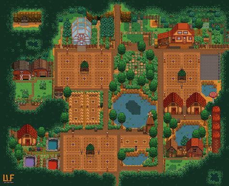 Stardew Valley Different Farms, Stardew Valley Farm Layout Forest Aesthetic, Stardew Farm Layout Forest, Star Dew Valley Forest Farm, Stardew Forest Farm Layout, Stardew Forest Farm, Forest Farm Stardew Valley, Forest Farm Layout, Stardew Valley Forest Farm Layout