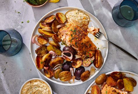 Delish Healthy Pescatarian Meals, Potato Skillet Dinner, Pescatarian Meals, Potato Skillet, Salmon Potato, Skillet Potatoes, One Pan Dinner, Salmon Seasoning, Skillet Dinners