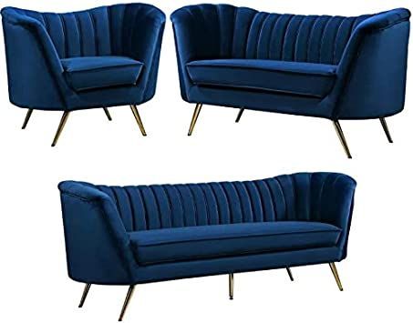 Home Square 3-Piece Set with Accent Chair Loveseat and Sofa in Navy and Gold Contemporary Loveseat, Square Sofa, Loveseat Living Room, Living Room Sofa Set, Velvet Loveseat, Couch And Loveseat, Velvet Accent Chair, Single Sofa Chair, Couch Set