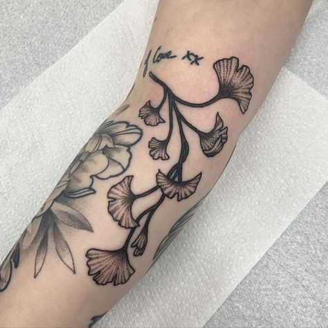 Botanical Gap Filler Tattoo, Ginko Leaf Tattoos Traditional, Persimmon Tattoo, Small Filler Tattoos, Ginko Leaf Tattoos, Gap Filler Tattoo Ideas, Botanical Sleeve, Filler Tattoo Ideas Gap, Gap Filler Tattoo