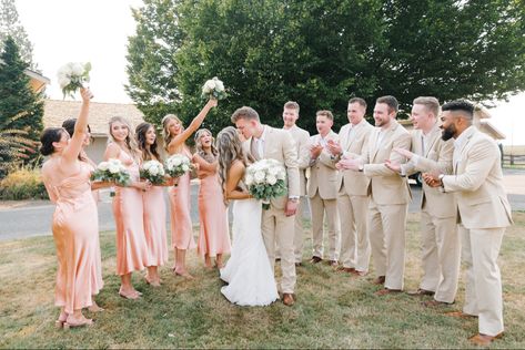 Groomsman And Bridesmaids Attire, Groomsmen With Pink Bridesmaid, Pink Bridesmaids With Groomsmen, Pink And Champagne Wedding, Tan Groomsmen Suits With Pink Bridesmaids, Tan And Pink Bridal Party, Champagne Bridesmaid Dress With Pink Flowers, Tan Groomsmen, Tan Suit Wedding