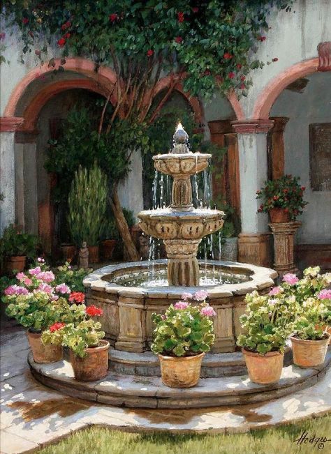 Rancho Decorations, Front Yard Fountain, Yard Fountain, Garden Water Fountains, Fountains Backyard, Fountain Design, Tabletop Fountain, Water Fountains Outdoor, Hacienda Style