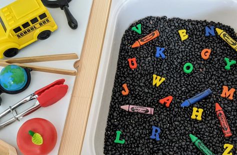 Sensory Bins For Preschool Back To School, Basketball Sensory Bin, September Sensory Bin Kindergarten, Beginning Of The Year Sensory Table, Crayon Sensory Bin, Back To School Sensory Bin Kindergarten, School Bus Sensory Bin, Back To School Sensory Bin Toddlers, Back To School Preschool Sensory Bin