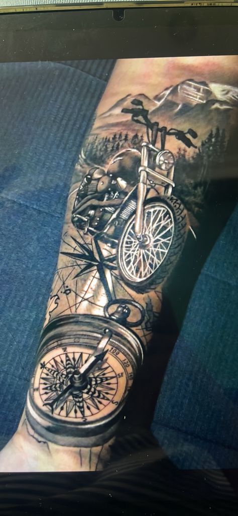 Biker Sleeve Tattoo, Motorcycle Sleeve Tattoo, Motorcycle Tattoo Memorial, Harley Motorcycle Tattoo, Moto Tattoo Ideas, Motorcycle Tattoos For Men, Motorcycle Tattoo Designs, Harley Davidson Tattoos For Men, Moto Tattoo