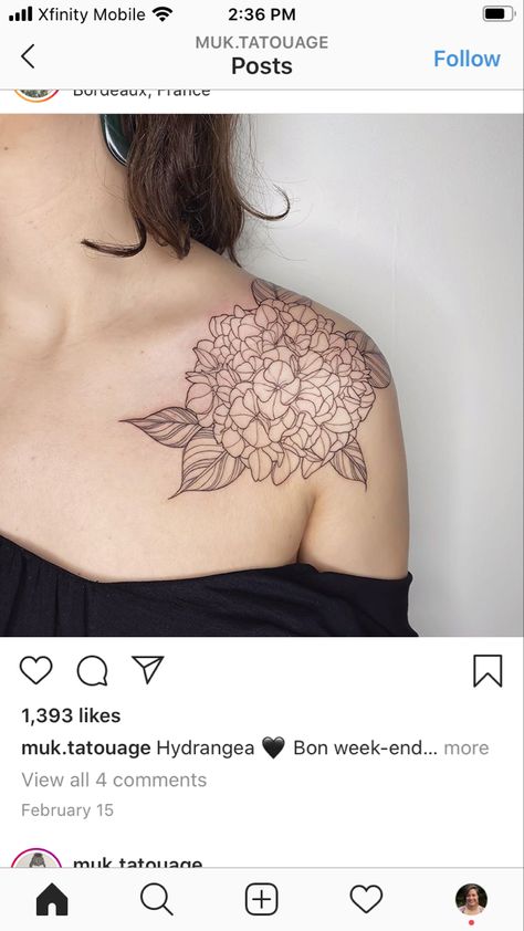 Hydrangea Shoulder Cap Tattoo, Floral Shoulder Cap Tattoo, Hydrangea Tattoo, Cap Tattoo, Trad Tattoos, Shoulder Cap Tattoo, Clavicle Tattoo, Cute Tats, Floral Tattoos