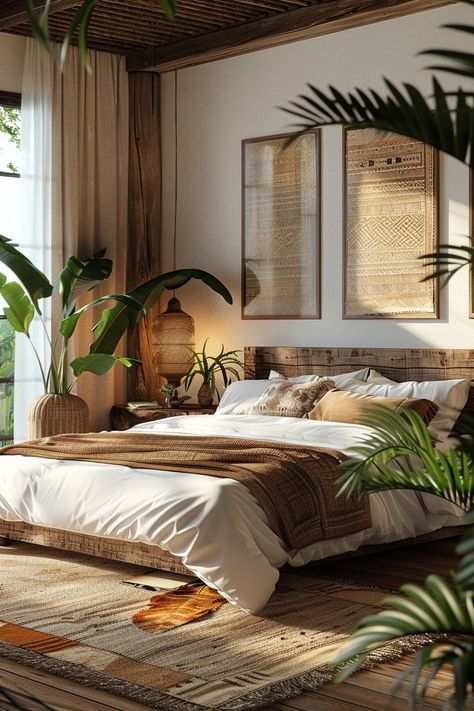 29 Afrohemian Decor Bedroom Ideas for a Captivating Retreat 23 Bedroom Decor Natural Earthy, Bedroom African Style, Earthy Colors Bedroom, Afrohemian Decor Bedroom, Appartment Interiors Aesthetic, Greenery Bedroom Ideas, African Bedroom Ideas, African Style Bedroom, Interior Design African