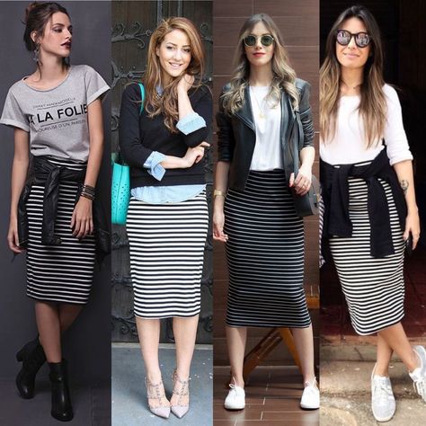 Striped Pencil Skirt Outfit, Black And White Striped Skirt Outfit, Striped Skirt Outfit, Pencil Skirt Outfits Casual, Black And White Striped Skirt, Pencil Skirt Outfits, Office Casual Outfit, Striped Skirt Pencil, Elegante Casual