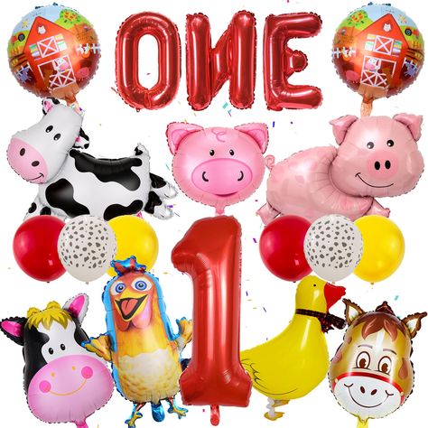 Farm Animal Themed Birthday Party, Farm Animal Balloons, Balloons Number, Animal Themed Birthday Party, Animal Balloons, 1st Birthday Balloons, Farm Themed Birthday Party, 1st Birthday Themes, Round Balloons