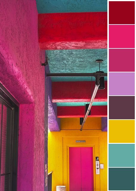 bright hall Bright Bohemian Color Palette, Mexican Colours Palette, Bright Colour Pallete Inspiration, Bright Maximalist Color Palette, Mexico City Color Palette, Mexican Fiesta Color Palette, Tetradic Color Scheme Interiors, Bright Colored Walls, Vibrant Color Palette Bright Colours