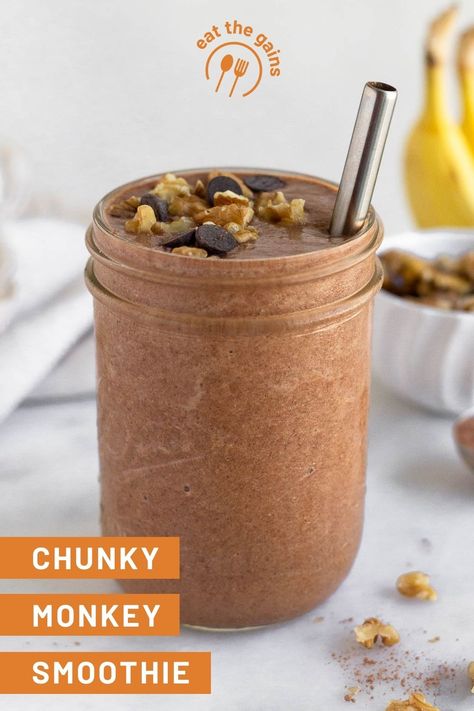 Thick and creamy chunky monkey smoothie made from bananas, cacao powder, chocolate protein powder, and walnuts. Packed with vitamins, minerals, and fiber, this protein smoothie makes a healthy spin on a classic ice cream flavor. Chunky Monkey Protein Shake, Smoothie High Protein, Chunky Monkey Smoothie, Protein Smoothie Recipes Healthy, Chocolate Protein Smoothie, Freeze Sweet Potatoes, Ice Cream Flavor, Milk Smoothie, Protein Smoothie Recipes