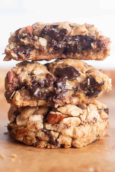 Thick and Chewy Cowboy Cookies with Toasted Almonds Jacque Torres Cookies, Sourdough Cowboy Cookies, Oversized Cookie Recipes, Thick Chewy Cookies, Big Thick Cookies, Thick Bakery Style Cookies, Chewy Cowboy Cookies, Oversized Cookies, Tall Cookies