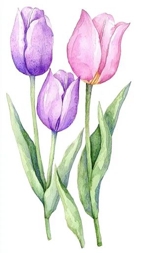 ↑↑↑ Larger size on website 🔸 A watercolor painting of three tulips. The tulips are all different colors: one is a vibrant purple, Purple Tulip Painting Watercolor, Tulip Watercolor, Tulips Watercolor, Tulip Drawing, Tulip Painting, Watercolor Tulips, Pink And Lavender, Purple Tulips, Light Lavender