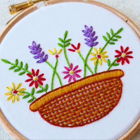 Flower Basket Embroidery, Basket Embroidery, Tea Towels Embroidery, Animal Embroidery Patterns, Elephant Embroidery, Pdf Embroidery Pattern, Modern Embroidery Kit, Basketweave Stitch, Beginner Embroidery