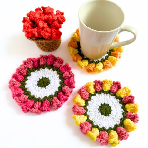 Flower Pot Coaster Set FREE Crochet Pattern - HyggeCrochetCo Flower Pot Coasters, Flower Crochet Coaster, Hygge Crochet, Crochet Flower Pot, Crochet Flower Coaster, Coaster Patterns, Dreamy Flowers, Crochet Scrubbies, Crochet Coasters Free Pattern