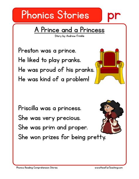 This Reading Comprehension Worksheet - A Prince and a Princess is for teaching reading comprehension. Use this reading comprehension story to teach reading comprehension. Pr Words, Ingles Kids, Phonics Reading Passages, First Grade Reading Comprehension, Phonics Readers, Teaching Reading Comprehension, Preschool Reading, Have Fun Teaching, English Phonics