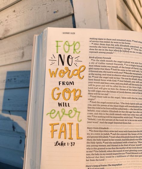 Emma's Bible Journaling on Instagram: ““For no word from God will ever fail.”” ‭‭Luke‬ ‭1:37‬ ‭NIV‬‬ Inspired by @kateskreationss_ Bible from @crosswaybooks, cover painted by…” Luke Bible Journaling, Luke Chapter 1, Journaling 2024, Luke Bible, Word From God, Bible Doodles, Bible Journaling Printables, Aesthetic Bible, Bible Studying