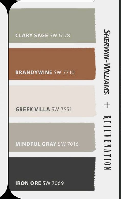 Green Brown Rust Color Palette, Black White And Sage Living Room, Rust Black Cream Color Palette, Rejuvenation Paint Colors, Black White Green Brown Interior, Clary Sage Complimentary Colors, Rust And Grey Color Palette, Sage Green And Charcoal Living Room, Iron Ore And Greek Villa