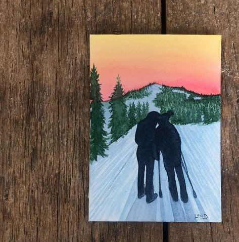 Engagement photo of skiers at Big Sky, Montana Ski Painting Easy, Ski Drawing, Mountain Sunset Painting, Bohemian Painting, Powder Skiing, Surprise Wedding, Travel Painting, Mountain Sunset, Watercolor Mountains