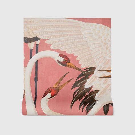 Heron Print Wallpaper | GUCCI® DK Agriculture Projects, Green Heron, Tiger Decor, Flora Print, Pink Backdrop, Gucci Gifts, Water Based Stain, Luxury Wallpaper, Print Wallpaper