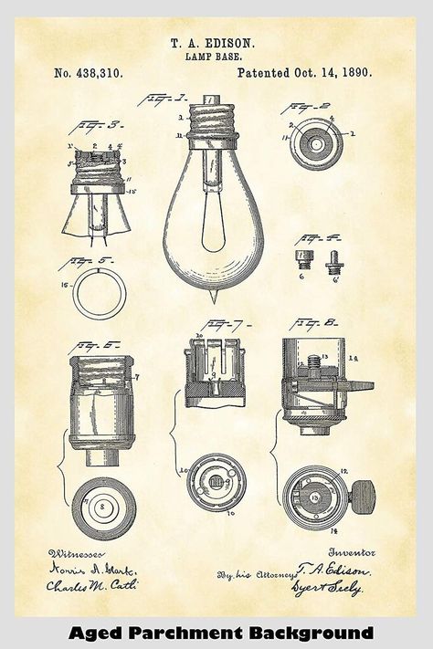 This patent image was created by using U.S. Patent #US 438,310 Light Bulb Lamp Base was patented in 1890 by its inventor Thomas Edison. In this light bulb invention, Edison modified his incandescent lamps to work in a variety of manufacturers sockets - which at the time were often incompatible with each other. Patent p Thomas Edison Light Bulb, Bulb Drawing, Light Bulb Drawing, Edison Lamp, Edison Lighting, Light Bulb Lamp, Thomas Edison, Patent Art, Incandescent Lamp