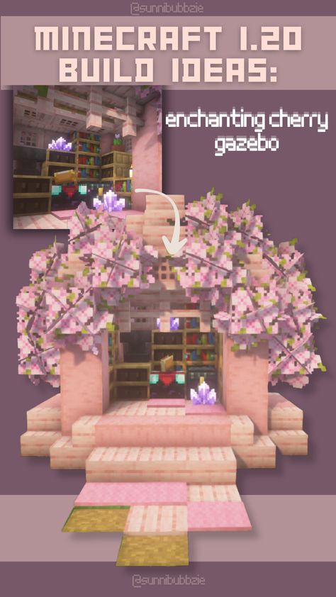 Guest House Minecraft, Cherry Blossom Hut Minecraft, Minecraft Hub Design, Cherrywood Minecraft Builds, Minecraft Sakura House Interior, Minecraft Houses Magical, Cherry Blossom Staircase Minecraft, Minecraft 1.20 Builds Cherry Blossom, Cherry Blossoms Minecraft Build Ideas