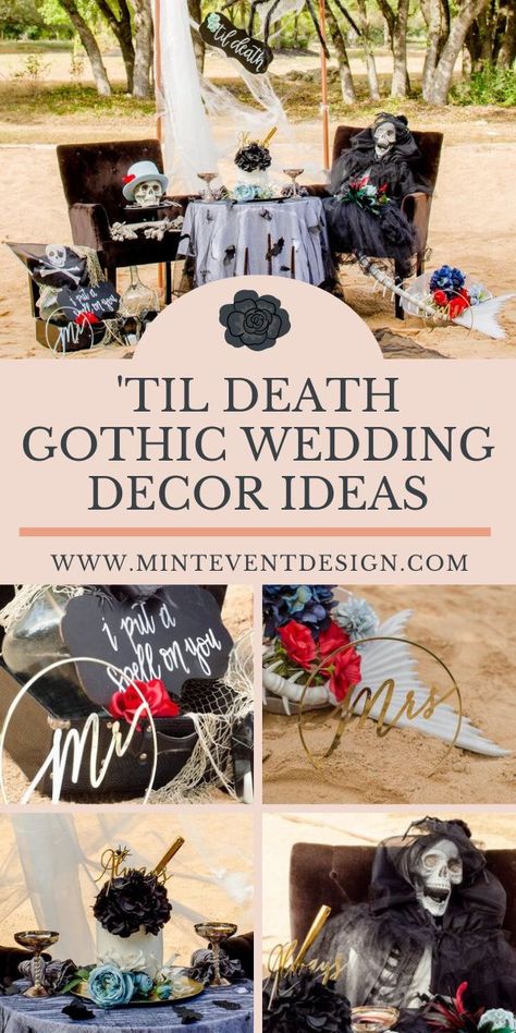 Gothic Chic Wedding Decor, Halloween Wedding Shower Ideas, Skull Wedding Decorations, Goth Wedding Ideas, Spooky Wedding Ideas, Halloween Wedding Decor, Halloween Wedding Centerpieces, Gothic Wedding Decorations, Halloween Wedding Decorations