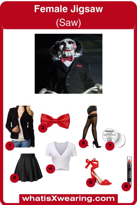 This Female Jigsaw outfit is a hot and easy Halloween costume idea that anyone can make at home. Click on the link to discover our step-by-step cosplay guide, plus 100s more fun Halloween costume ideas. Halloween Costumes With Stuff From Home, Cute Jigsaw Costume, Diy Jigsaw Costume Women, Jigsaw Female Costume, Jigsaw Outfit, Female Jigsaw Costume, Jigsaw Costume Women Make Up, Jigsaw Costume Women Outfit, Jig Saw Halloween Costume