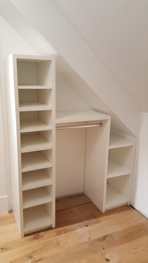 Closet In Dormer Slanted Ceiling, Slanted Attic Closet Ideas, Furniture For Slanted Walls, Bedroom With Slanted Ceiling Ideas, Slanted Ceiling Closet, Slanted Roof, Attic Bedroom Storage, Attic Closet, No Closet Solutions