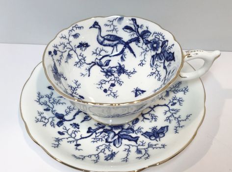 Coalport Tea Cup and Saucer, Blue White Ware, Butterfly Cup, Bird Cup, English Bone China Tea Cups, Antique Teacups, Tea Cups Vintage Butterfly Cup, Bird Cup, Blue Tea Cup, Wedding China, Pretty Tea Cups, Blue Antique, Blue Tea, China Tea Sets, Bone China Tea Cups