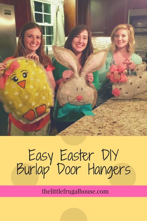 Easy DIY Easter Burlap Door Hangers thelittlefrugalhouse.com Burlap Door Hangers Diy, Diy Osterschmuck, Girls Night Crafts, Burlap Door Hanger, Burlap Door Hangers, Door Hangers Diy, Easter Wreath Diy, Burlap Door, Easter Door Hanger