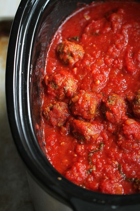 Healthy Slow Cooker Spaghetti & Meatballs Recipe | cookincanuck.com #slowcooker #crockpot Slow Cooker Spaghetti And Meatballs, Spaghetti Meatballs Recipe, Slow Cooker Vegetable Curry, Crockpot Spaghetti Sauce, Slow Cooker Spaghetti Sauce, Spaghetti Meatball Recipes, Crockpot Spaghetti, Slow Cooker Spaghetti, Spaghetti Meatballs