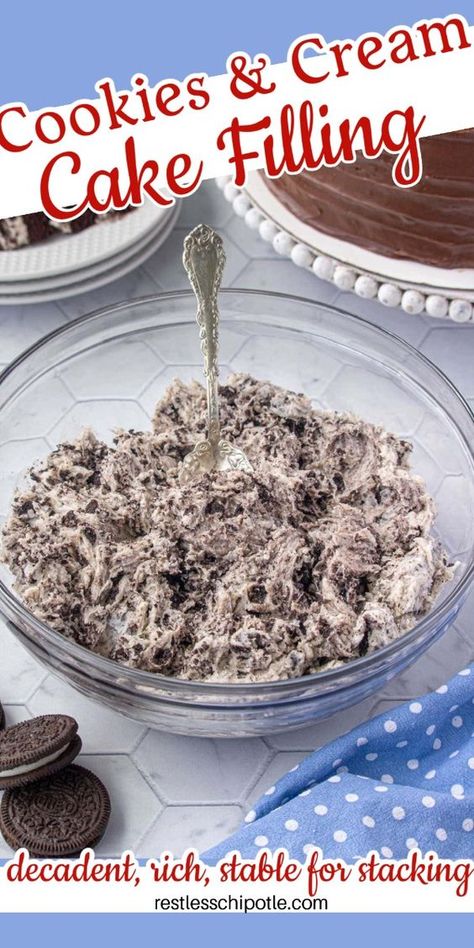 Homemade cookies & cream cake filling recipe is a super creamy, rich vanilla buttercream with chunks of Oreo cookies in it. Perfect with chocolate or yellow cakes. Make it in about 10 minutes. Pin it now so you'll have it later! Oreo Cake Filling Recipe, Oreo Cake Filling, Cream Cake Filling, Cookies Cream Cake, Yellow Cakes, Oreo Filling, Oreo Buttercream, Vegetarian Cookies, Cake Filling Recipes