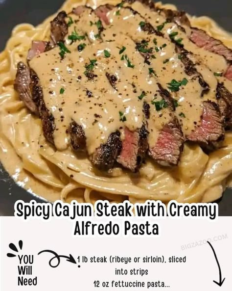 The Pioneer Woman -Ree Drummond Community ! | Creamy Cajun Steak Alfredo | Facebook Spicy Cajun Steak Alfredo Pasta, Steak Fettuccine Alfredo, Fetuccini Alfredo, Creamy Alfredo Pasta, Cajun Steak, Steak Alfredo, Steak Ribeye, Steak Strips, Ray Peat