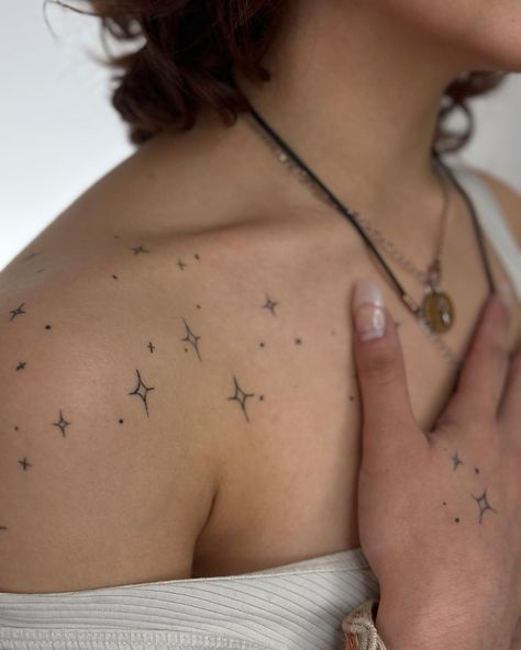 Healed Star Tattoos ✨ • • • • #healedtattoo #finelinetattoo #startattoo #minnesotatattooartist Sprinkle Tattoo Design, Space Scene Tattoo, Halloween Collarbone Tattoo, Stars Spine Tattoos For Women, Celestial Stars Tattoo, Small Star Tattoos On Shoulder, Collar Bone Star Tattoos For Women, Wrap Around Star Tattoo, Sparkly Star Tattoo