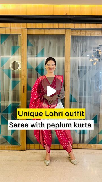 14K likes, 107 comments - gehani.heena on January 12, 2024: "Exploring the elegance of a unique saree drape paired with a peplum kurta for Lohri 😍 Embracing the fusion vibe, and loving how this...". Unique Saree Draping, Unique Saree, Georgette Silk Saree, Saree Drapes, Saree Drape, Dhoti Saree, Saree Wearing, Saree Wearing Styles, Short Kurti