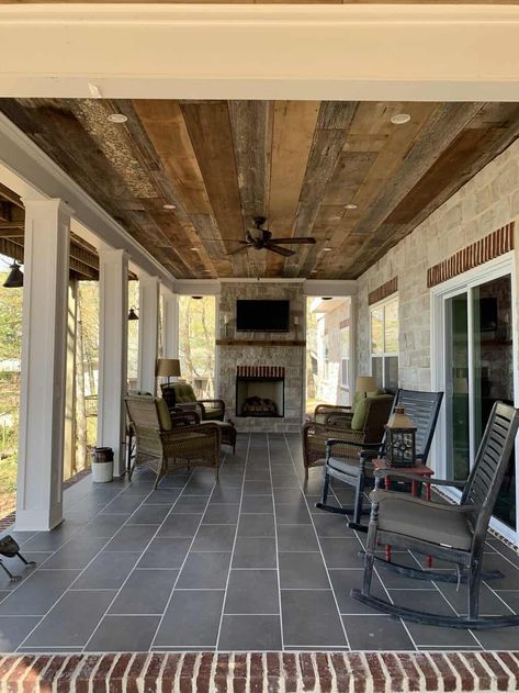 How We Transformed Our Porch (Total Porch Renovation) Decorative Ceiling Ideas, Outdoor Covered Porch, Barn Wood Ceiling, Living Pool, Outdoor Covered Patio, Porch Fireplace, Porch Remodel, Build A Fireplace, Porch Ceiling