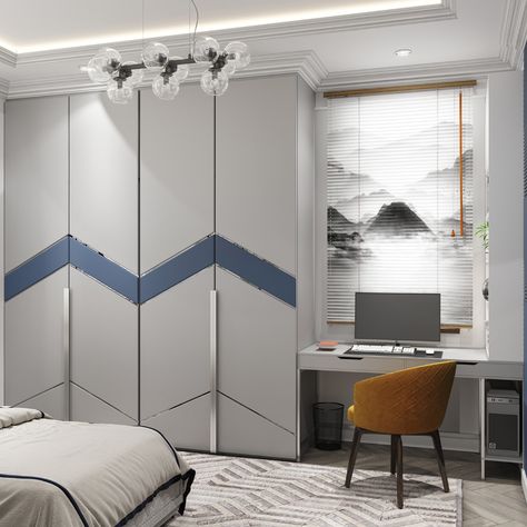 Nazrin Aliyeva on Behance Luxury Bedroom Cupboard Design, Designs On Wardrobe Doors, Wardrobe For Corner, Furniture Laminate Ideas, Bed Rooms Door Design Modern, Wardrobe Design With Golden Strip, Wordrop Ideas Colour, Bedroom Laminate Design, Blue Wardrobe Design