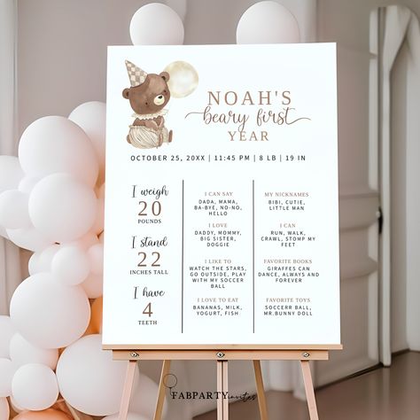 Celebrate your little one's first year in style with this adorable Beary 1st Birthday Baby Milestone Birthday Sign Template! This Etsy exclusive is not only charming but also captures the essence of your baby's first year in a fun way. Create unforgettable memories and make it a truly special milestone celebration! Beary 1st Birthday, Baby Handprint Crafts, First Birthday Milestone, Birthday Milestone Board, First Birthday Posters, Milestone Board, Year Poster, Milestone Stickers, Milestone Pictures