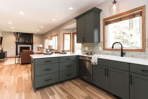 Green Stacked Tile, Golden Oak Trim, Stacked Tile, Wood Panel Siding, Small Kitchen Redo, Colorful Kitchens, Prairie Design, Cambria Countertops, Custom Backsplash