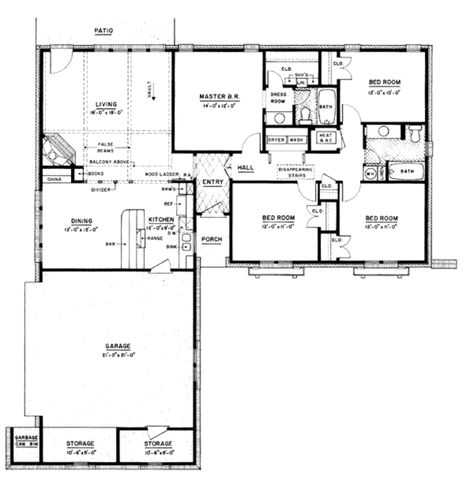 Plan #36-372 - Houseplans.com 1500 Sq Ft House Plans, 1500 Sq Ft House, House Plans One Story, Monster House Plans, 4 Bedroom House Plans, Ranch Style House Plans, House Layout Plans, House Bedroom, One Story Homes