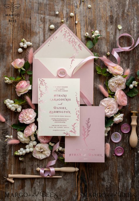 Your wedding day is a reflection of your unique love story, and what better way to set the tone than with glamour rose gold wedding invitations? Our luxury blush pink wedding invitation suite is designed to capture the essence of romance and elegance, while incorporating minimalistic elements for a modern touch. These romantic floral wedding cards feature delicate blooms in soft pastel hues, creating a dreamy atmosphere that will leave your guests in awe. The combination of rose gold accents and Floral Wedding Cards, Romantic Floral Wedding, Wedding Invitations Luxury, Romantic Wedding Stationery, Handmade Wedding Stationery, Blush Pink Wedding Invitations, Pink Wedding Invitation, Shine Wedding Invitations, Wedding Invitations Uk