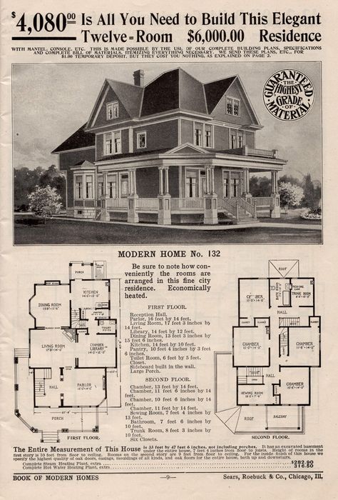 Sears Modern Homes 1908 Number 132 Vintage House Plans 1920s, Sears House Plans, Sears House, Sears Catalog Homes, Sears Kit Homes, Victorian House Plans, Vintage House Plans, Planning Printables, Hus Inspiration