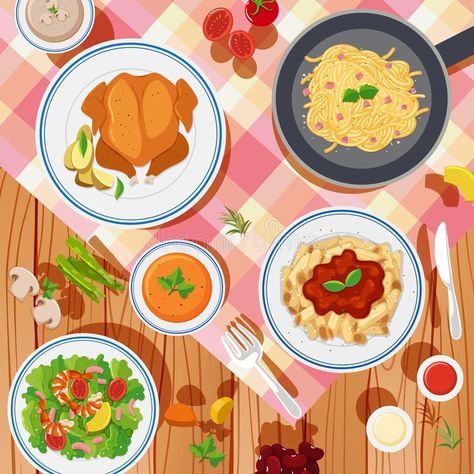 Food On Table, Table Illustration, Food Background Wallpapers, Different Types Of Food, Digital Illustration Tutorial, Food Doodles, Bond Paper Design, Food Sketch, Food Illustration Art